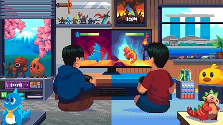 Pixel art illustration showing gaming between Japan and Singapore